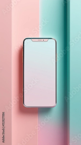 Fototapeta Smartphone mockup with blank screen on pastel pink and green background.