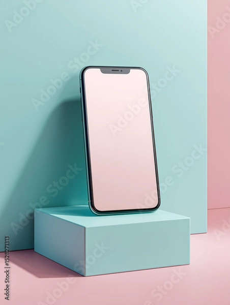 Fototapeta Smartphone mockup on pastel cube. Pink and blue background.