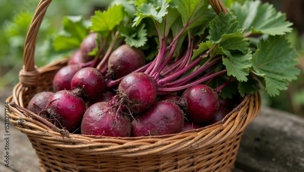 Fototapeta Freshly harvested red beets in rustic wicker basket on wooden surface