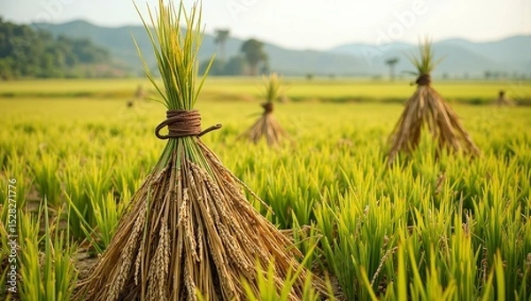 Fototapeta Stacked rice stalks in green paddy field with hills and blue sky