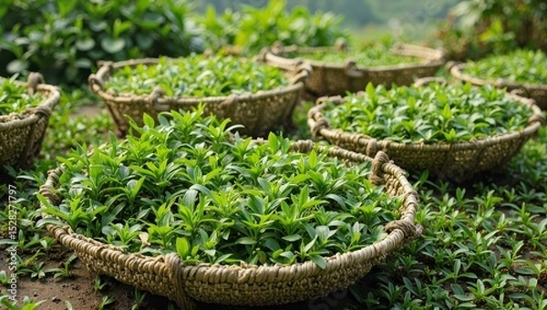 Fototapeta Wicker baskets of green tea leaves in sunlit tea plantation setting