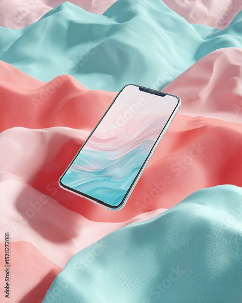 Fototapeta A modern smartphone rests gracefully amidst a vibrant, pastel-colored landscape, inviting the viewer into a world of digital elegance.