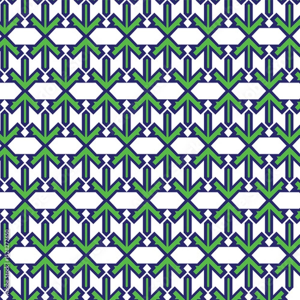 Fototapeta seamless geometric pattern, interconnected shapes, interlocking arrow-like or stylized floral motifs, arranged in horizontal rows and creating a dense, tessellated design.