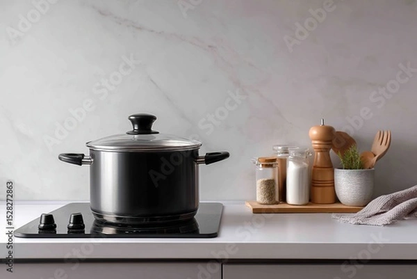 Fototapeta Black pot with clear lid sits on a modern induction cooktop in a kitchen.