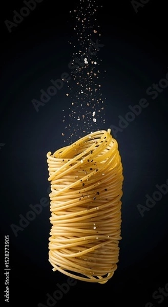 Fototapeta Raw spaghetti rising from a coil with salt and pepper flying around on a dark background for food advertising.