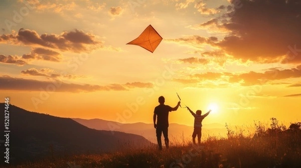 Fototapeta silhouette of a father and his son while playing kite flying with beautiful sunset in the background