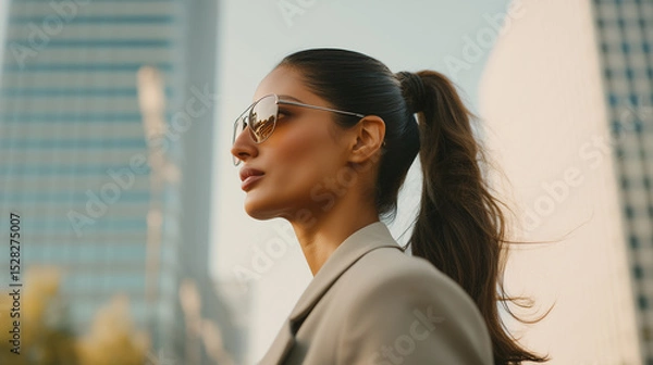Fototapeta Young woman with a sleek ponytail and reflective sunglasses confidently walking in City, framed by towering skyscrapers. Cityscape complements her stylish appearance. Image made using Generative AI.