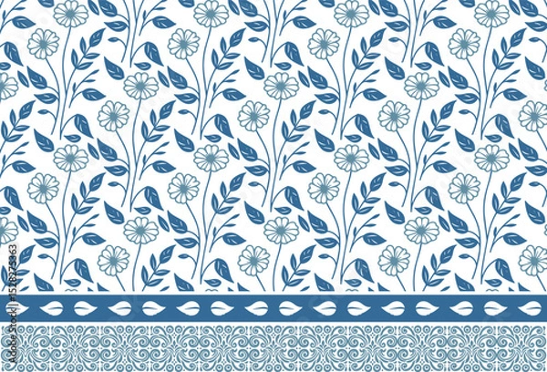 Fototapeta botanical floral elements seamless design.white background line art sketch.home textile elegant trendy modern.border embroidery flowers blue floral.one line minimalism pattern


