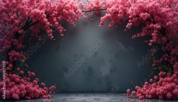 Fototapeta Pink cherry blossom frame around dark wall and floor. Spring floral background for product display. Generative ai