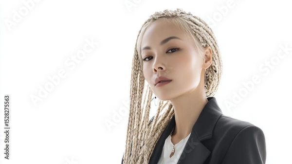 Fototapeta Asian woman with braided hair, wearing a stylish suit, exudes confidence and elegance against a white background. The image captures a sense of modern sophistication. Image made using Generative AI.