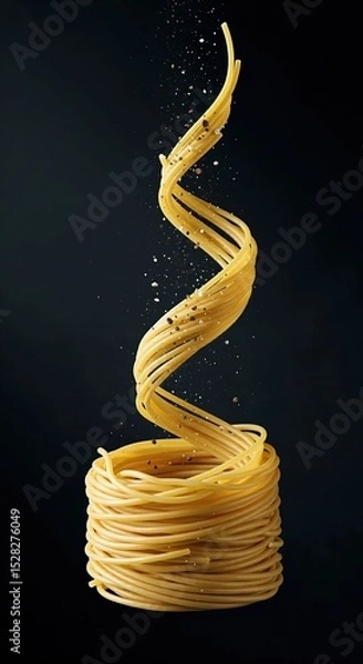 Fototapeta Raw spaghetti rising from a coil with salt and pepper flying around on a dark background for food advertising.