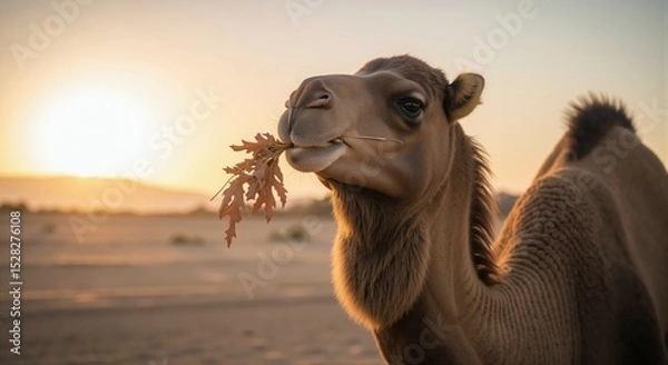 Fototapeta Camel with beautiful brown fur chewing on autumn leaves in the desert at sunset, a concept of desert life and travel.