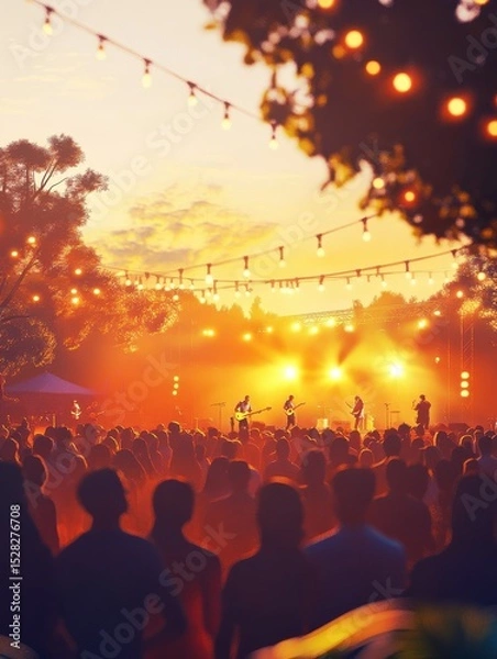 Obraz A vibrant outdoor concert scene with a crowd enjoying live music as the sun sets, creating a warm and lively atmosphere.