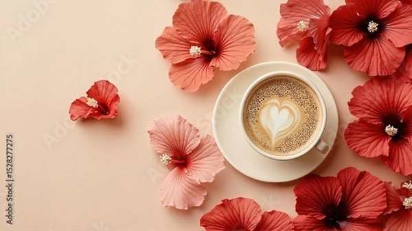 Fototapeta Top view of a white coffee cup with latte art on a pink background decorated with hibiscus flowers. Concept of morning routine.