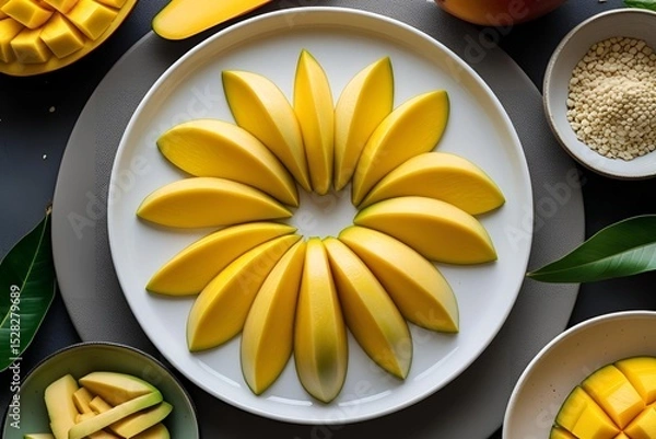 Fototapeta Fresh mango slices arranged on white plate