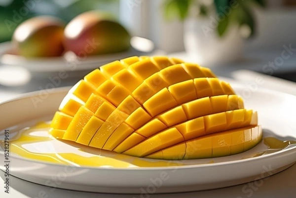 Fototapeta Fresh mango slices arranged on white plate