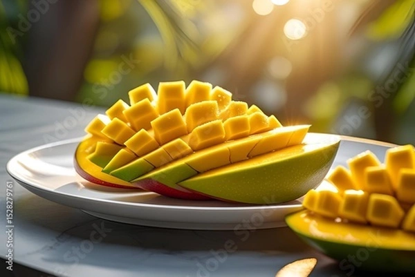 Fototapeta Fresh mango slices arranged on white plate