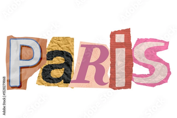 Fototapeta Mixed Media Cutouts Forming "PARIS" for Craft and Journal Projects, Aesthetic travel journal paper cutouts PNG