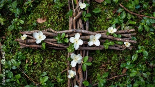 Fototapeta Concept photo of a cross made of natural twigs and branches, adorned with delicate white flowers and surrounded by vibrant greenery, symbolizing the beauty and simplicity of faith.