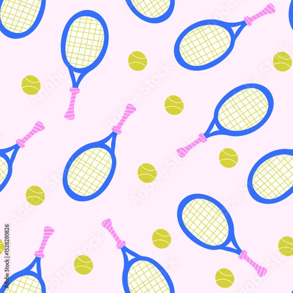 Fototapeta Tennis racket and green ball seamless pattern. Sport playing game equipment backdrop.Vector