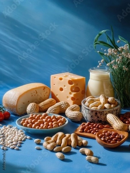 Fototapeta A collection of common allergy-causing foods like peanuts, cheese, and beans showcased against a blue backdrop, emphasizing allergy awareness and food caution.
