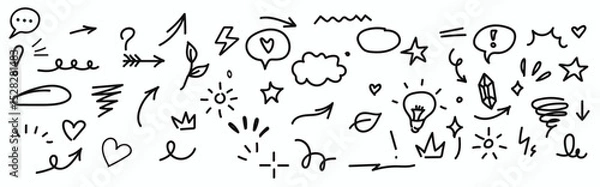 Fototapeta Hand Drawn Doodle Elements Set Black White Arrows Hearts Stars Design Graphic Cute Illustration Sketch Doodle Collection Background Vector Art Simple Drawing fun bold icons signs lines shapes curves  