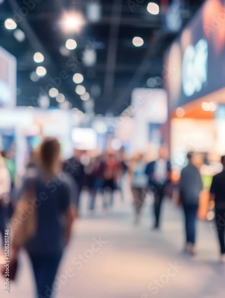 Fototapeta Blurred Background of Busy Trade Show or Convention Center with Attendees and Exhibit Booths