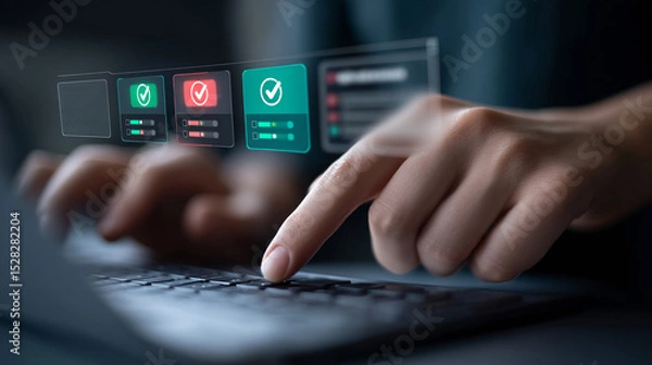 Fototapeta Selecting options. Correct choice. Man works on laptop and with virtual checkboxes of green and red color.