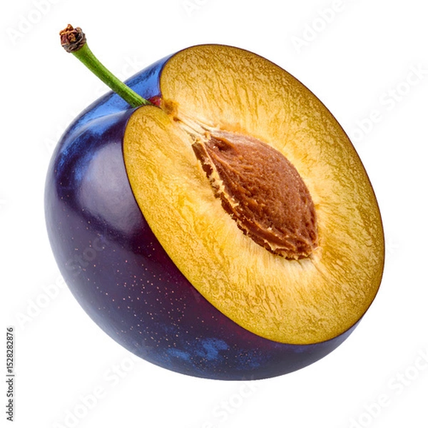 Obraz A halved plum showcasing its vibrant yellow flesh and smooth outer skin on the transparent background