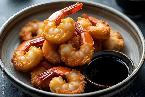 Fototapeta Crispy tempura shrimp with soy dipping sauce