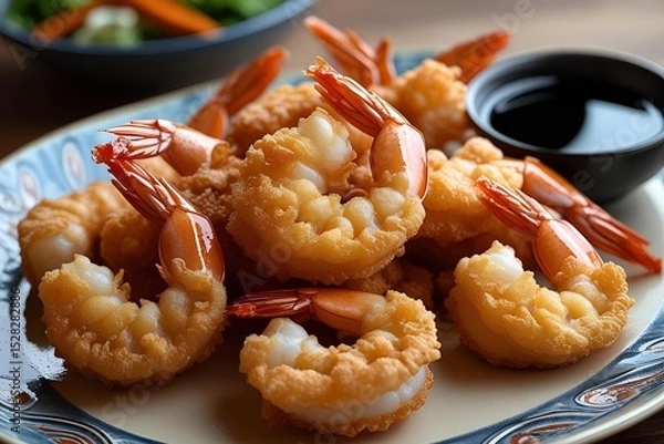 Fototapeta Crispy tempura shrimp with soy dipping sauce