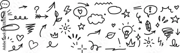 Fototapeta Hand Drawn Doodle Elements Set Black White Arrows Hearts Stars Design Graphic Cute Illustration Sketch Doodle Collection Background Vector Art Simple Drawing fun bold icons signs lines shapes curves  