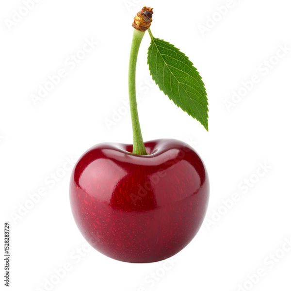 Obraz Isolated shiny ripe cherry with stem and leaf, highlighting vibrant color on the transparent background