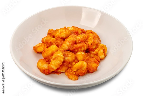 Obraz Gnocchi topped with tomato sauce and melted cheese, Dumplings in white plate isolated