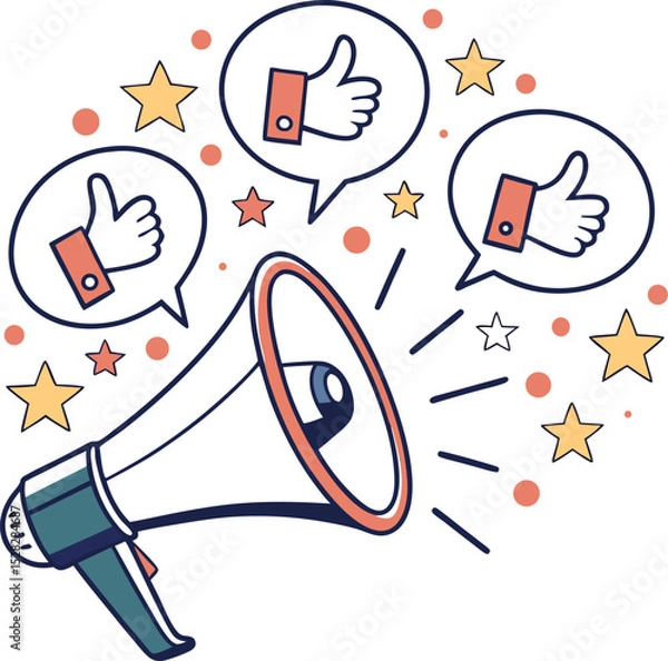 Fototapeta  A megaphone emitting speech bubbles that contain positive symbols like stars and thumbs-up, clean vector style.