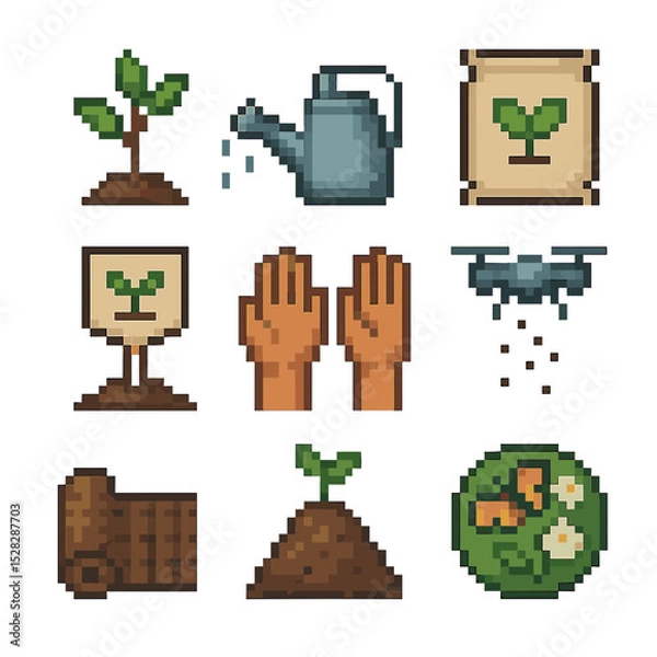 Fototapeta Habitat Restoration Icons. Pixel art icon set of habitat restoration projects: sapling tree, watering can, soil bag, native plant
