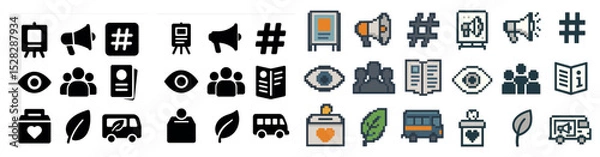 Fototapeta Marketing and promotion pixel art icons set – isometric, digital, advertising symbols