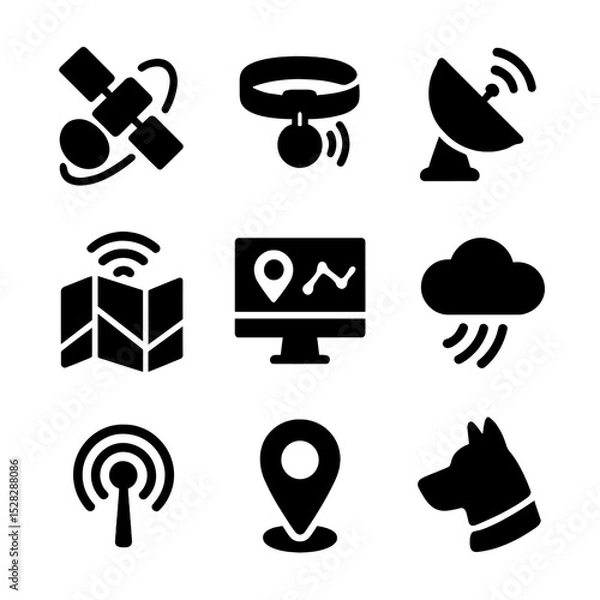 Fototapeta Satellite Technology Icons. Solid, Filled icon set of satellite tracking technology: orbiting satellite, collar tag signal,