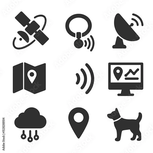 Fototapeta Satellite Tracking Icons. Flat icon set of satellite tracking technology: orbiting satellite, collar tag signal, antenna dish, map