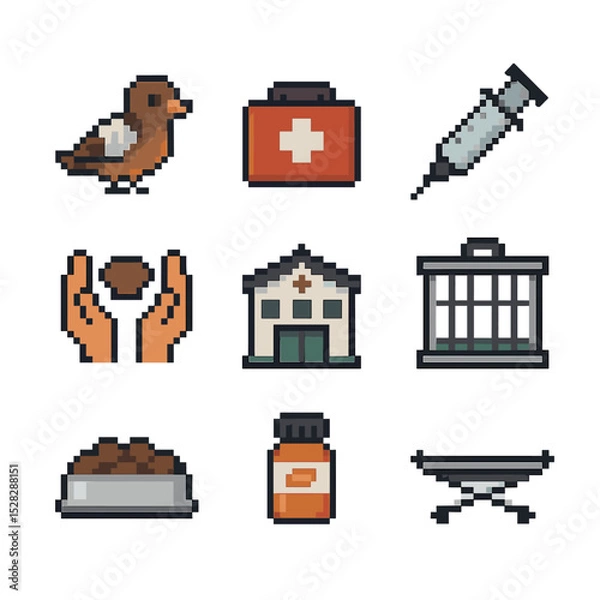 Fototapeta Rescue Center Icons. Pixel art icon set of rescue and rehabilitation centers: injured bird, first aid kit, veterinary syringe,