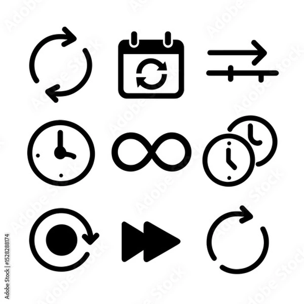 Obraz Time Loop Icons. Flat icon set of time loop motifs: circular arrow, repeating calendar, looped timeline, recursive clock face,