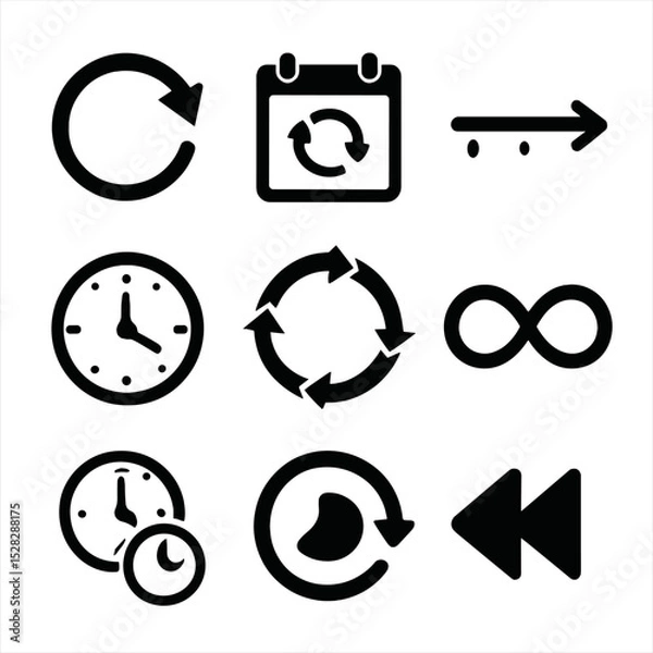 Obraz Time Loop Icons. Flat icon set of time loop motifs: circular arrow, repeating calendar, looped timeline, recursive clock face,