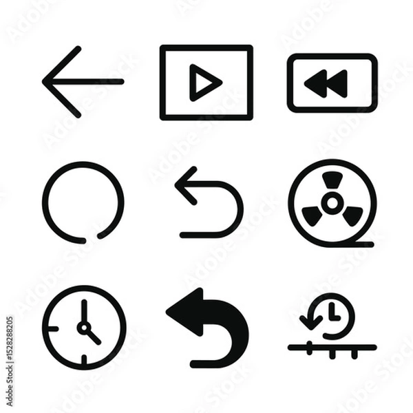 Fototapeta Time Rewind Icons. Outline icon set of time rewind actions: backward arrow, reverse frame, rewind tape, counterclockwise hands,