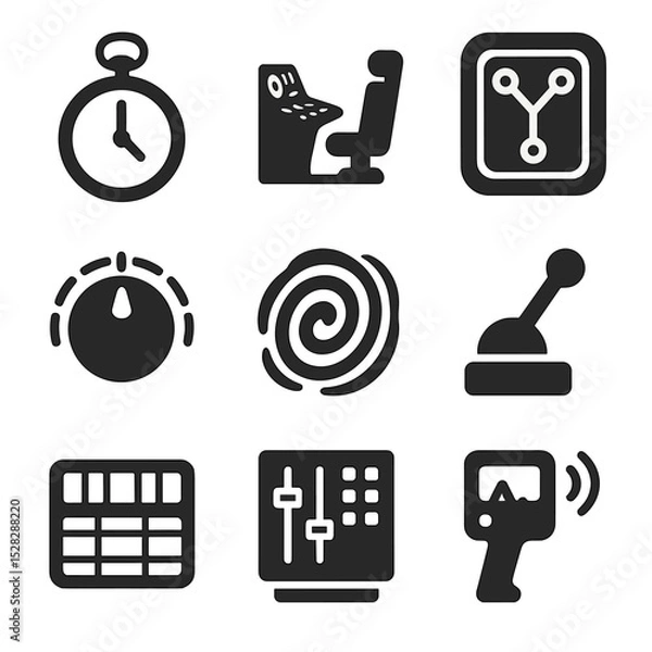 Fototapeta Time Travel Icons. Solid, Filled icon set of time travel devices: pocket watch, time machine console, flux capacitor, dial knob,