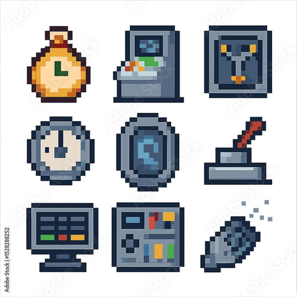 Fototapeta Time Travel Icons. Pixel art icon set of time travel devices: pocket watch, time machine console, flux capacitor, dial knob, time