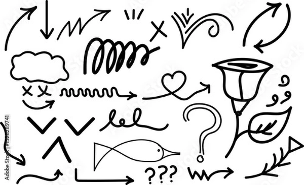 Fototapeta Hand Drawn Doodle Arrows Flowers Design Elements Black White Sketch Vector Illustration Graphic Design Artistic Simple Cute Quirky Whimsical Modern Trendy Minimalist Background Texture set ink line   