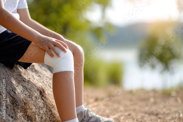 Fototapeta Children's injuries in summer. The child sits on the ground with bandaged knee. Only the knee and bandage is visible