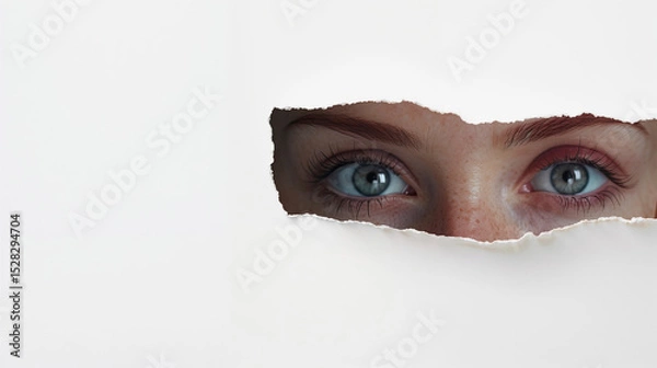 Obraz Woman looking curiously through the opening of irregular paper, revealing intense blue eyes and sense of astonishment. Copy space