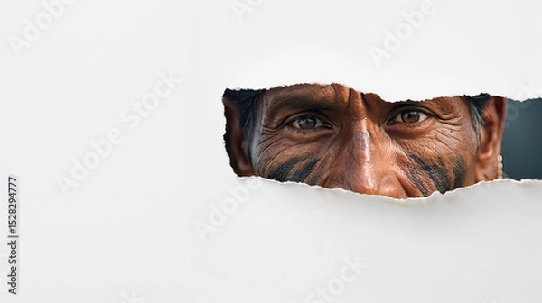 Obraz Indigenous man wearing traditional face paint peeking through torn white paper, revealing intense cultural identity and artistic expression. Copy space