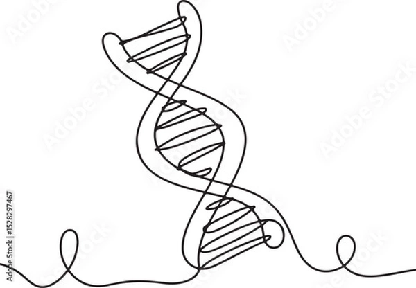Fototapeta Continuous line drawing of DNA double helix, black and white minimalist scientific sketch with spiral structure and genetic details

